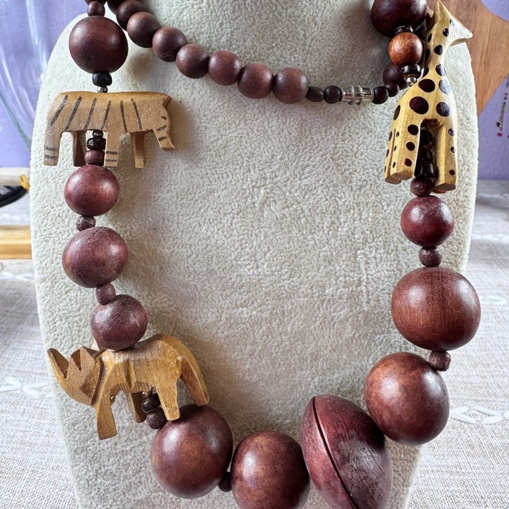 Vintage Wooden Animal Necklace with Rich Brown Tones